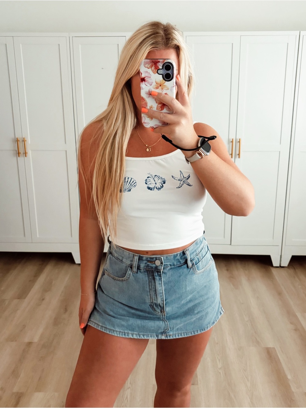 Coastal cowgirl white and blue cropped tank top